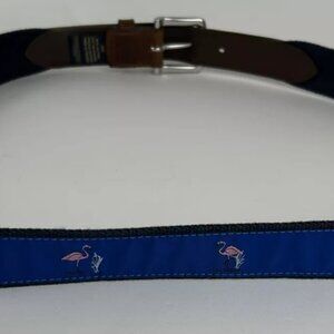 Brooks Brothers Flamingo Bird Canvas Leather Belt Mens 40 Blue Pink Vintage